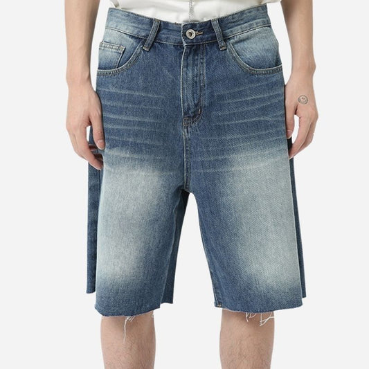Men's Jeans Shorts Raw Trim Baggy Straight Leg Stretch Denim Jean Jorts
