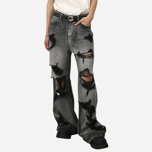 Men's Y2K Hip Hop Ripped Baggy Jeans Loose Fit Wide Leg Denim Streetwear Trousers