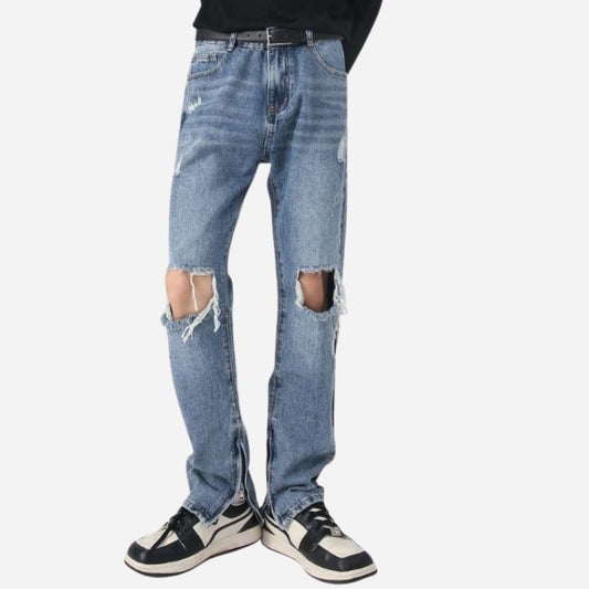 Y2K Distressed Straight Leg Ripped Jeans for Men Hip Hop Streetwear Denim
