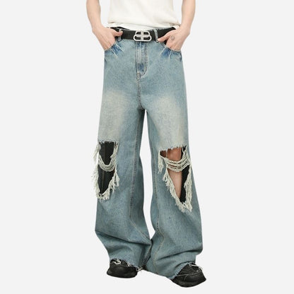 Men's Baggy Jeans Y2K Ripped Wide Leg Distressed Denim Pants Hip Hop Streetwear