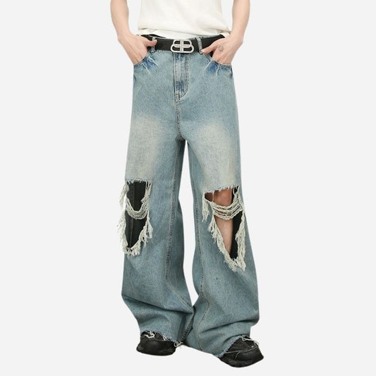 Men's Baggy Jeans Y2K Ripped Wide Leg Distressed Denim Pants Hip Hop Streetwear