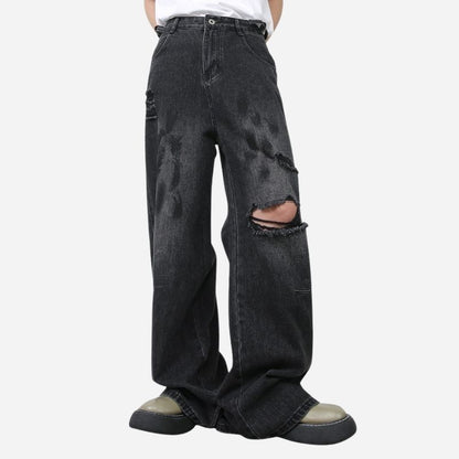 Men's Ripped Jeans Relaxed Fit Straight Leg Y2K Denim Pants Hip Hop Trousers