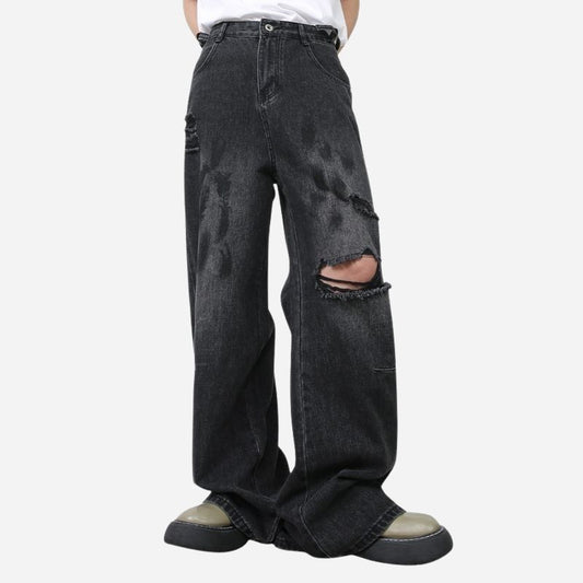 Men's Ripped Jeans Relaxed Fit Straight Leg Y2K Denim Pants Hip Hop Trousers