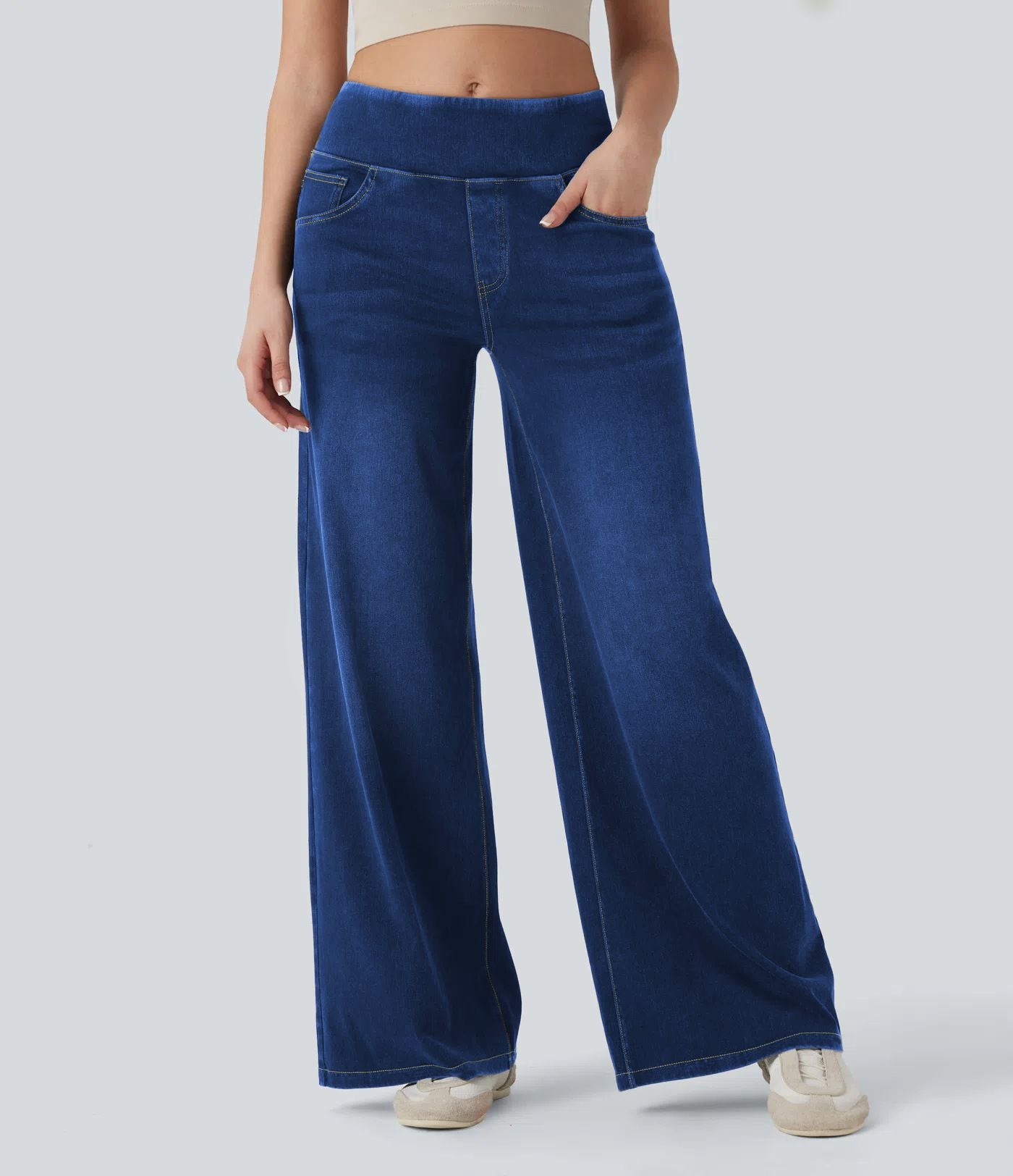 Wide Leg Tummy Control Pull On Sweatpant Jeans Baggy Denim Jeggings for Women