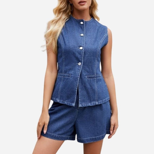 Women's sleeveless denim vest and shorts set button front outfit