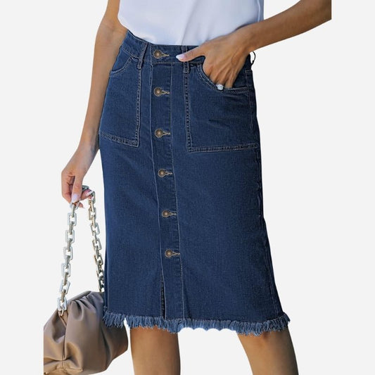 Women's Denim Maxi Skirt Elastic High Waist Frayed A-Line Jeans Skirt