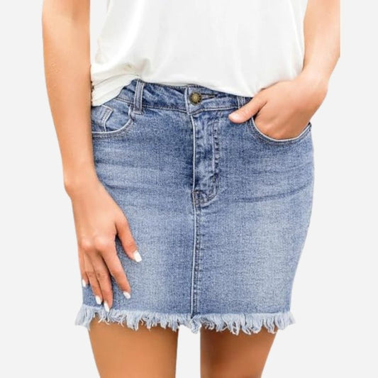 Women's Mid Waisted Jeans Skirt Washed Frayed Pockets Denim Mini Skirt