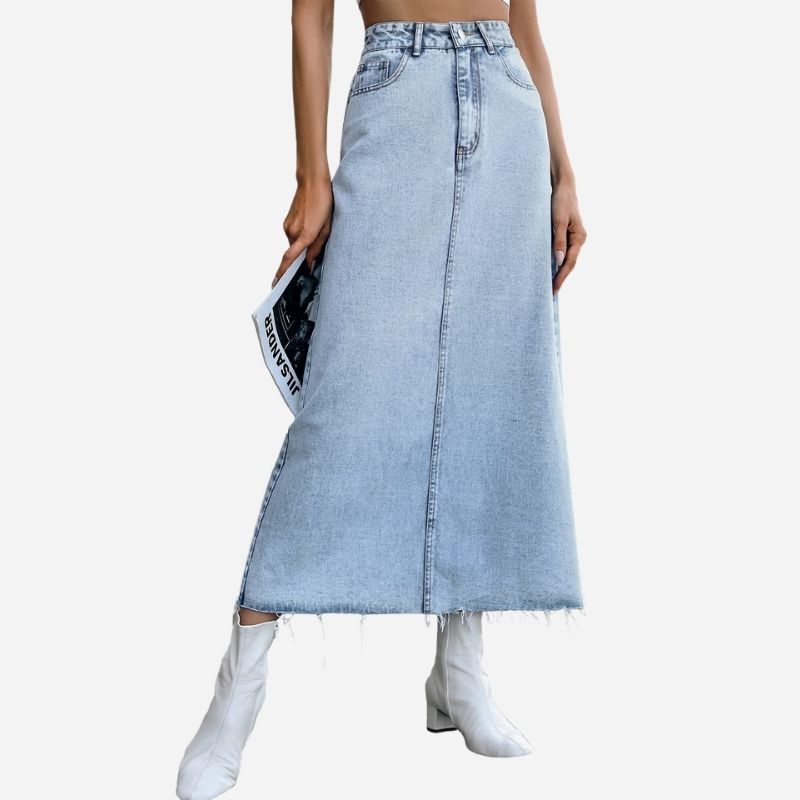 Long Denim Skirts for Women Maxi High Waist A-line Flare Jean Skirt