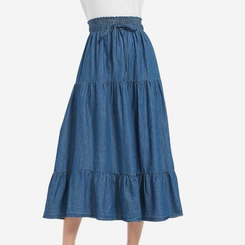 Women's A-line Long Denim Skirt Tired Pleated Layers Jeans Maxi Skirt