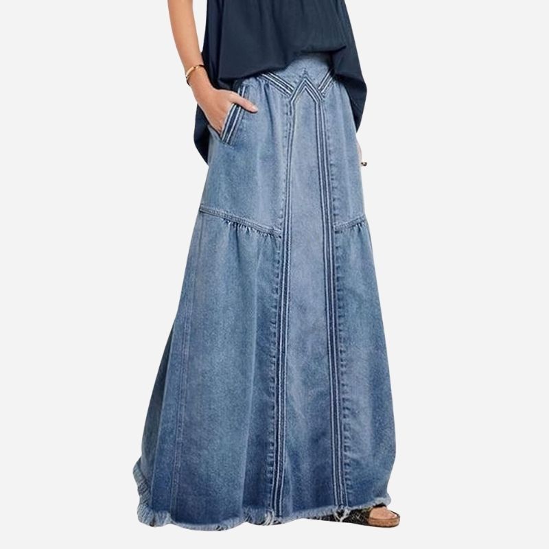 Women's Retro Jeans Skirt Elastic High Waist Frayed A-Line Maxi Denim Skirt