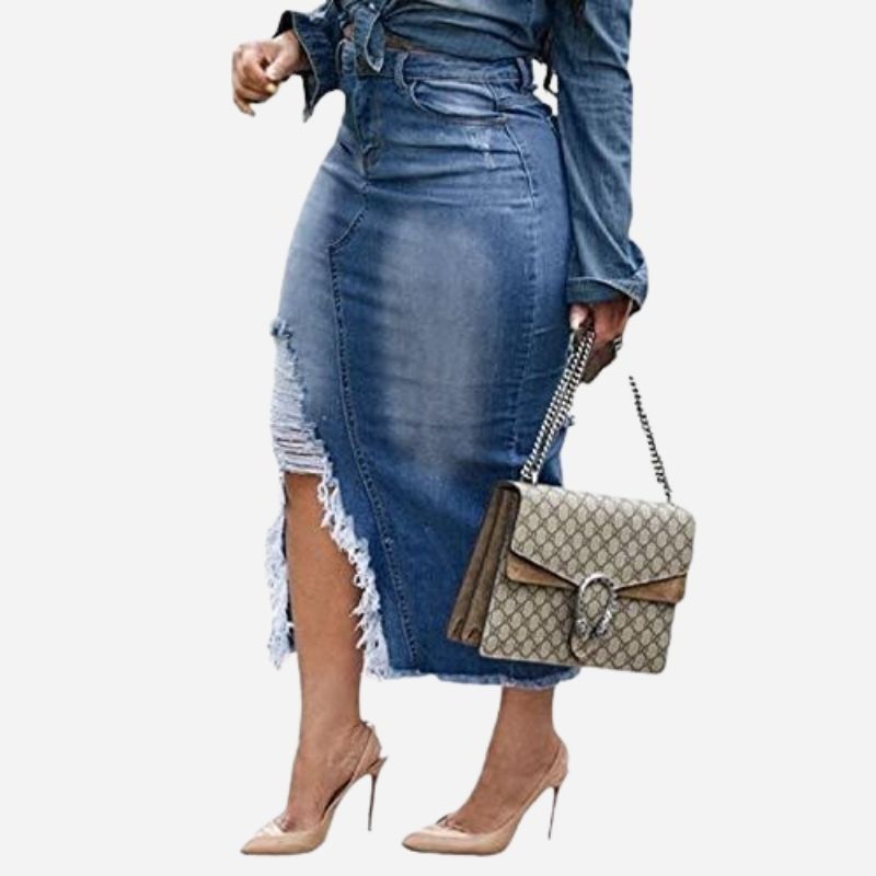 Women Slit Denim Jean Skirt High Waist Frayed Button Up Long Skirt