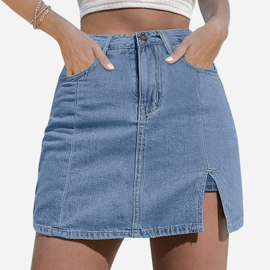 Women Denim Mini Skirt Side Slit with High Waisted Jean Skirt