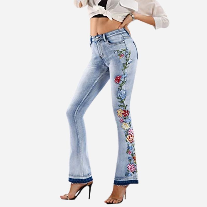 Women's retro floral embroidered flare jeans, side view