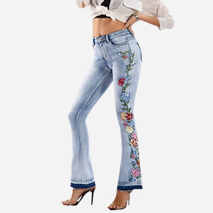 Women's retro floral embroidered flare jeans, side view