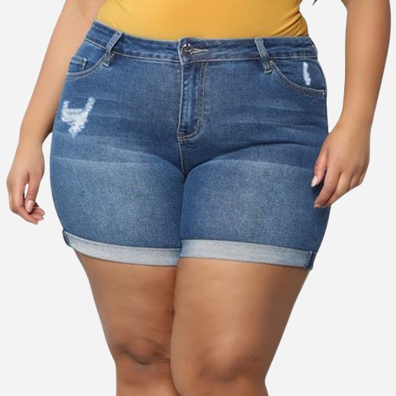 Plus Size Women Ripped Denim Shorts High Waisted Folded Hem Jean Shorts