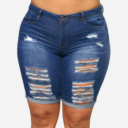 Women Plus Size Denim Shorts High Waisted Ripped Folded Hem Jean Shorts