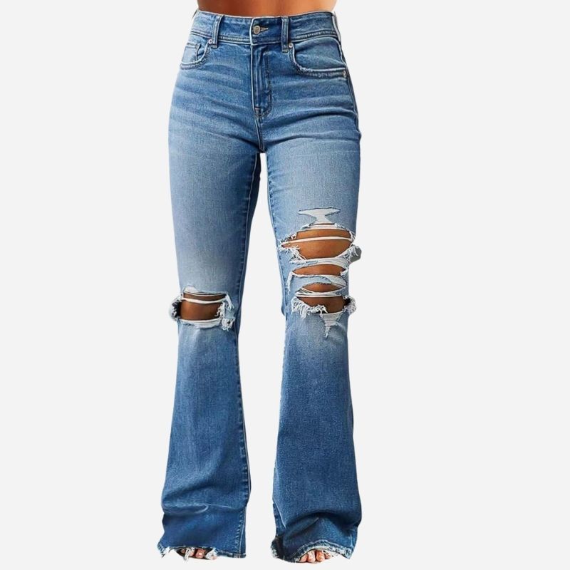 Damen Zerrissene Bell Bottom Jeans Bootcut Denim Flare Jeans Hose