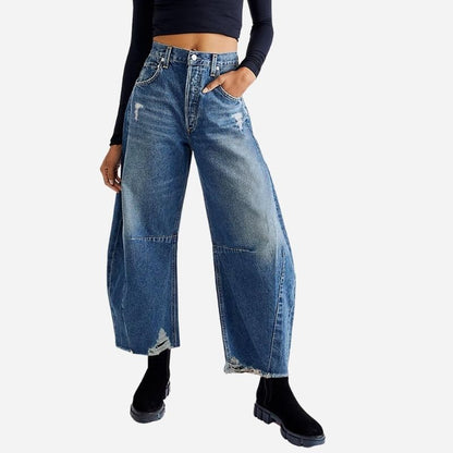Damen High Waist Barrel Baggy Jeans Stretch Denim Hose