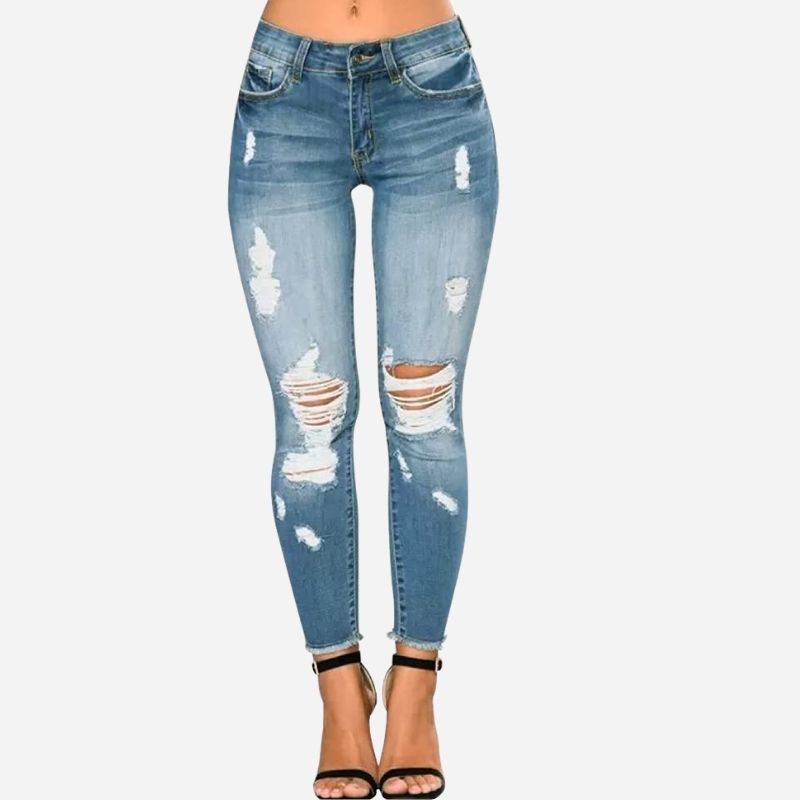 Women Skinny Ripped Jeans Stretch Distressed Destroyed Denim Pants