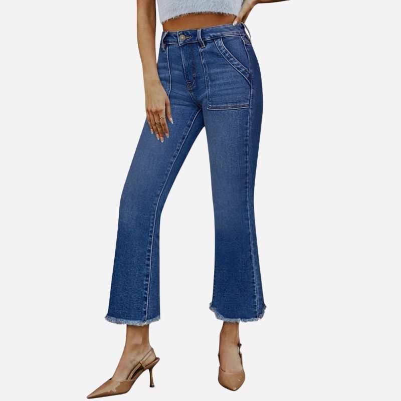 Women High Waist Denim Pants Stretchy Waist Cropped Flare Jeans
