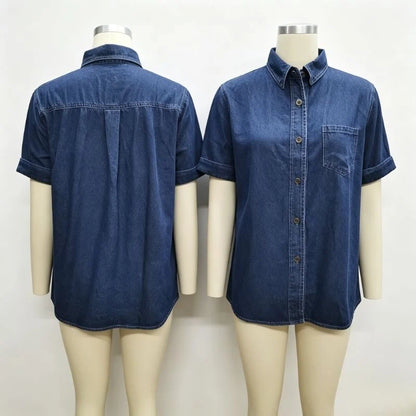 women oversized denim shirt short sleeve jean top in dark blue, front and back views